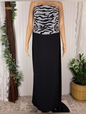 Jovani strapless Y2K maxi gown featuring a bold black & silver beaded